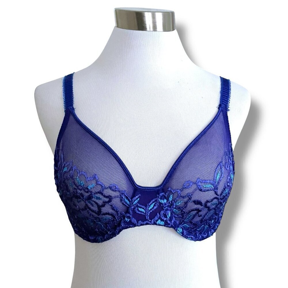 Fredericks of Hollywood 34B Bra Blue Sheer Mesh Floral Embroidered Underwire